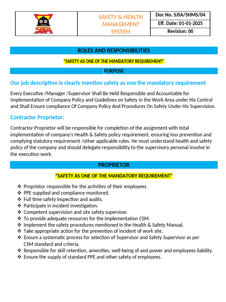 ROLES AND RESPONSIBILITY | PDF | Safety | Occupational Safety And Health