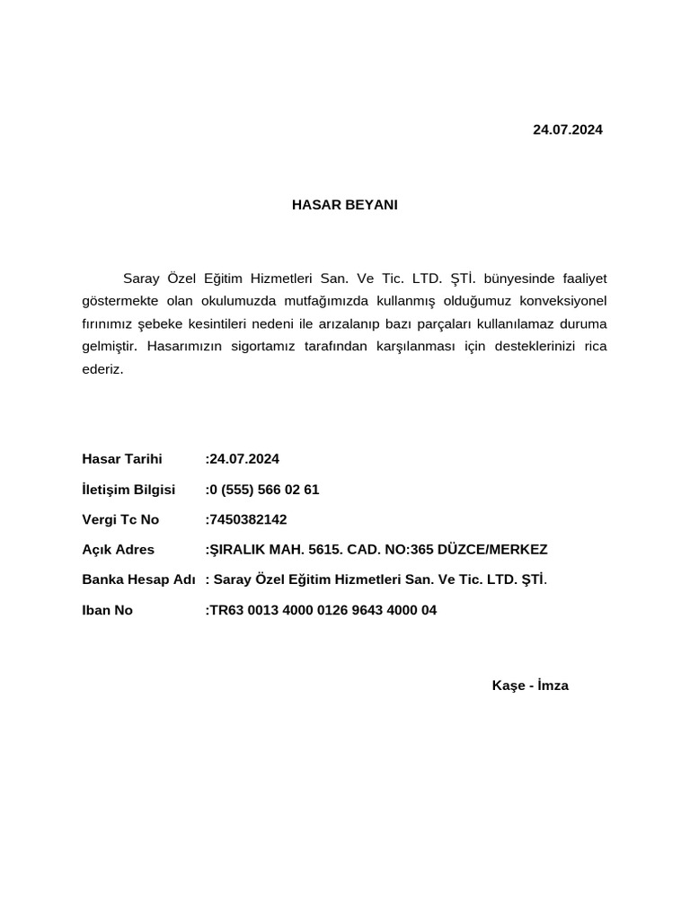 Hasar Beyani Taslaği | PDF