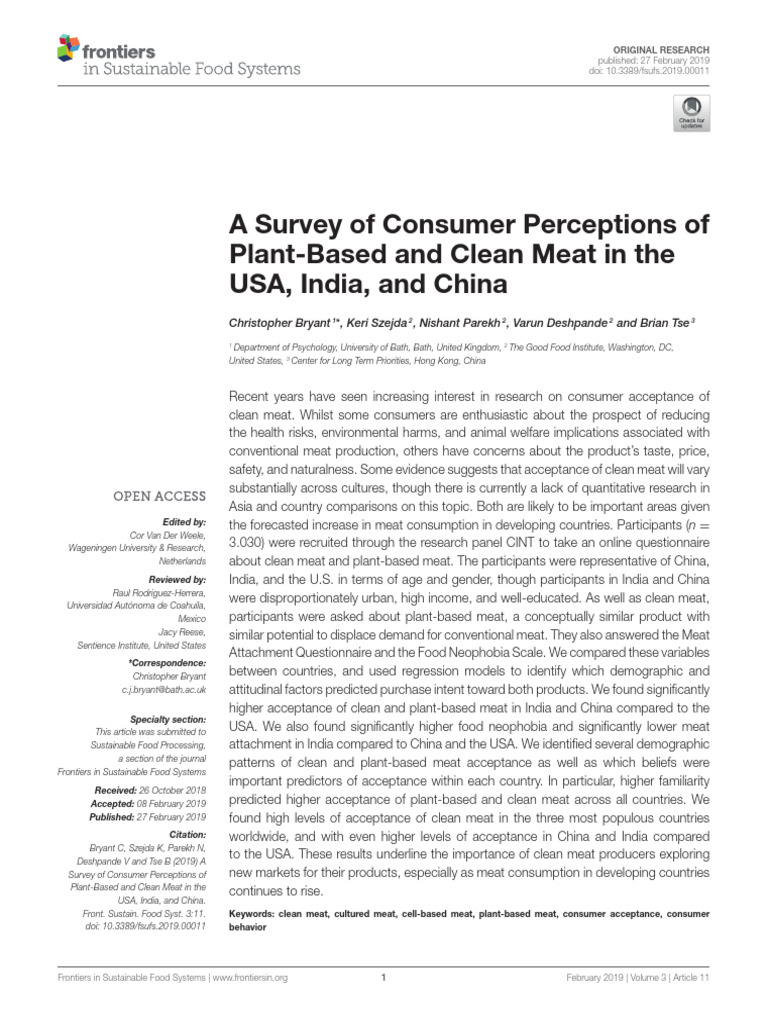 A Survey of Consumer Perceptions of Plant-Based and Clean Meat in The ...