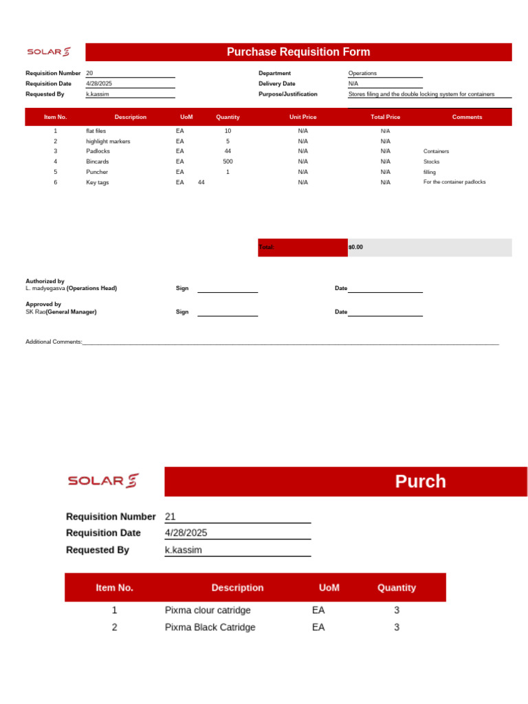 Solar Nitro Purchase Requisition Form | PDF