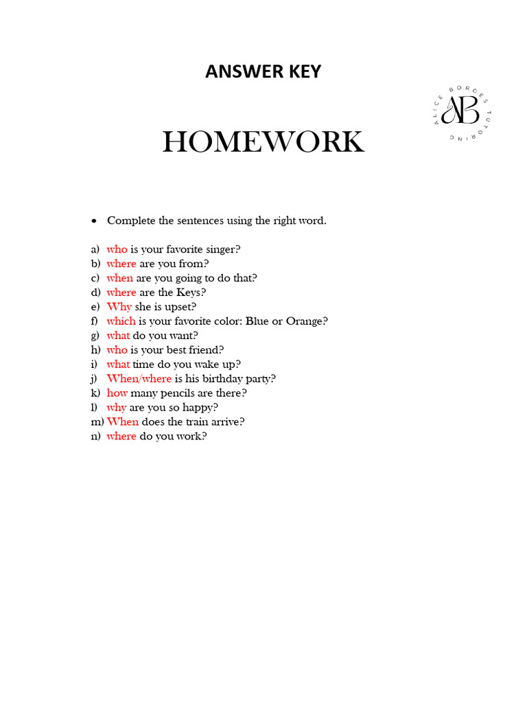 Homework Answer Key for Sentence Completion | PDF