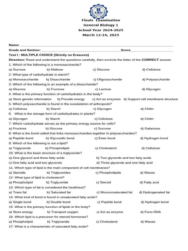 General Biology 1 Finals Exam 2025 | PDF | Lipid | Fat