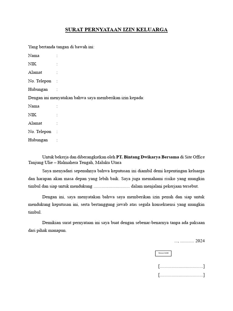 Surat Pernyataan Izin Keluarga | PDF