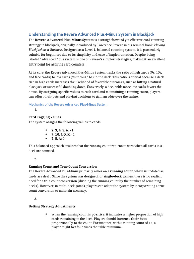 Revere Plus-Minus Blackjack Strategy | PDF | Card Counting | Gambling