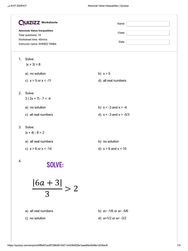 Quizizz - Absolute Value Inequalities | PDF