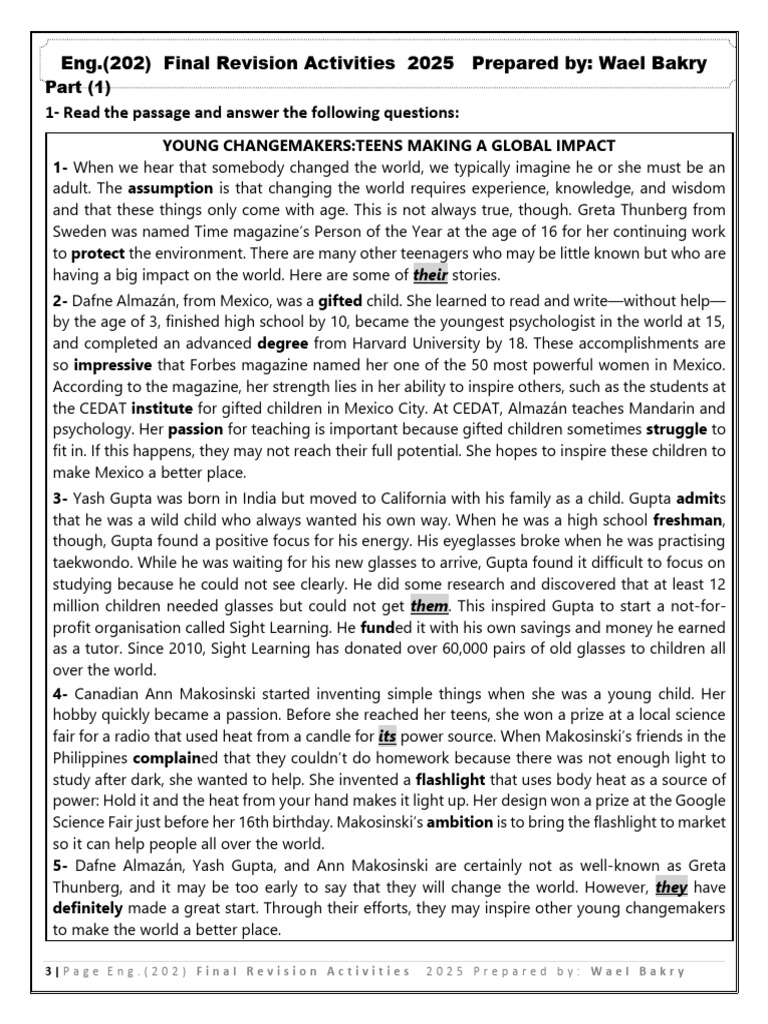 Eng.202 Final Revision 2025 Model Answer Modified-3-7 | PDF | Glasses