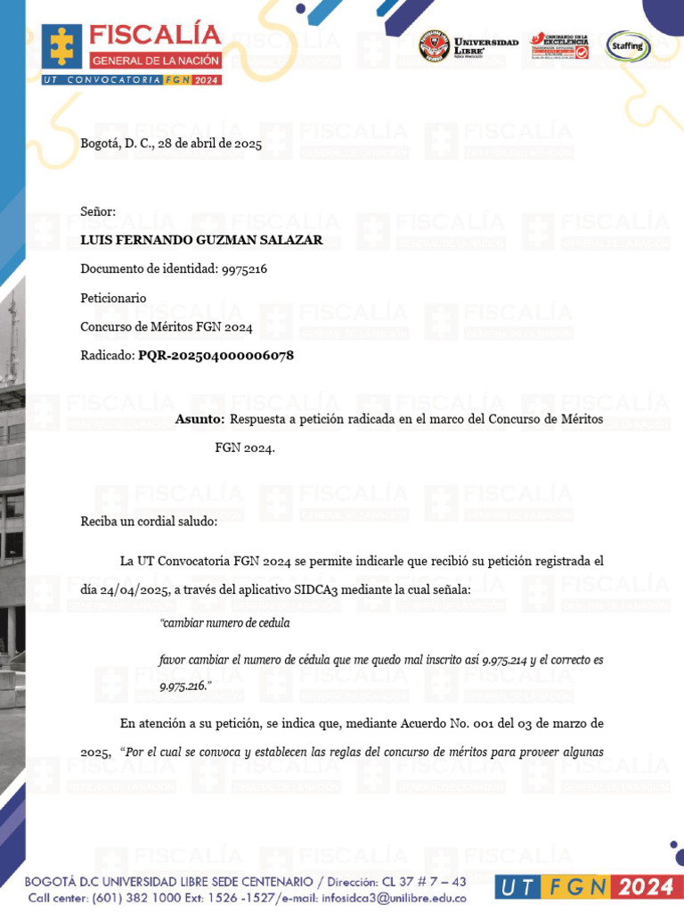 Respuesta a Petición Concurso FGN 2024 | PDF