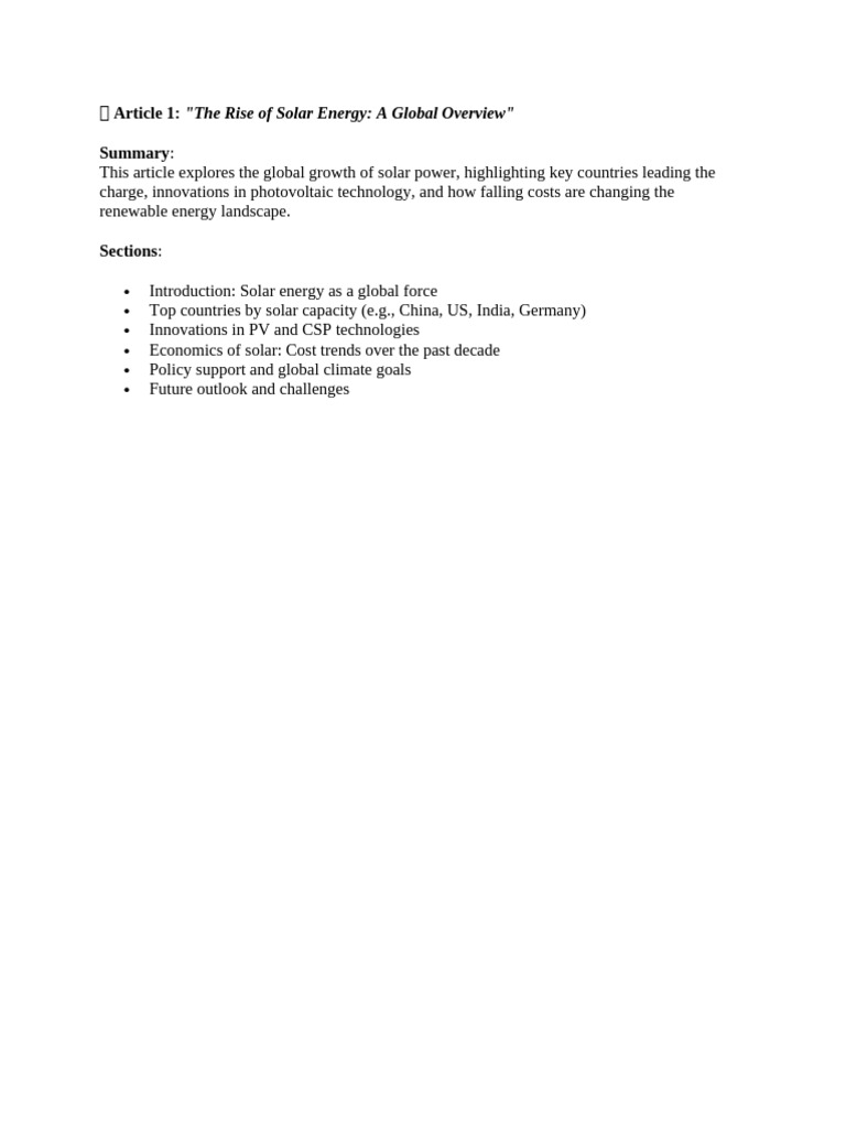 Article 1 - "The Rise of Solar Energy - A Global Overview | PDF