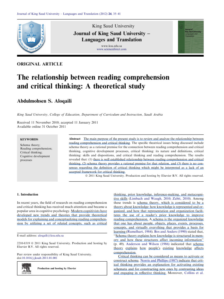 Reading Comprehension & Critical Thinking | PDF | Schema (Psychology ...