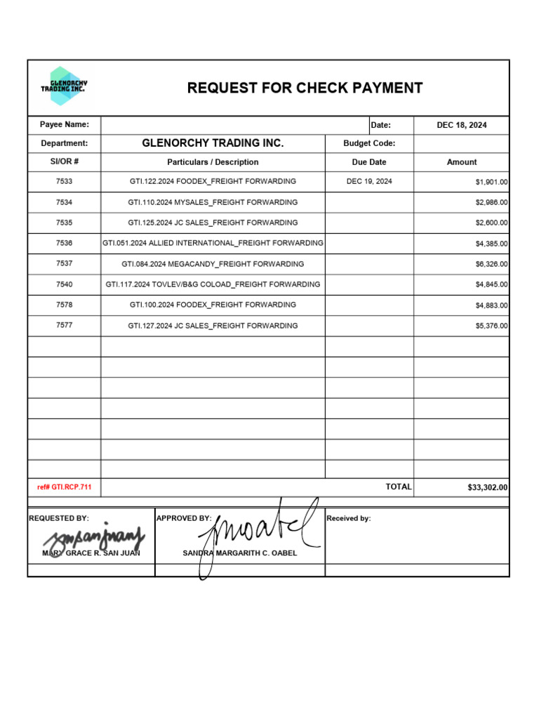 Request For Check Payment 711 Joint Dedicated Cargo Services - Us | PDF