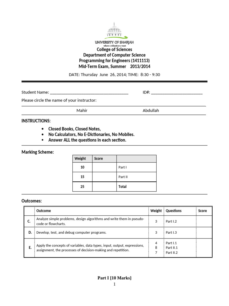 Computer Science Mid-Term Exam 2014 | PDF | Computer Science | Computing