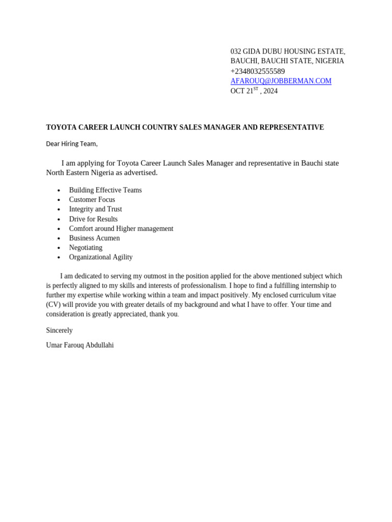 Toyota Sales Manager Application - Bauchi | PDF