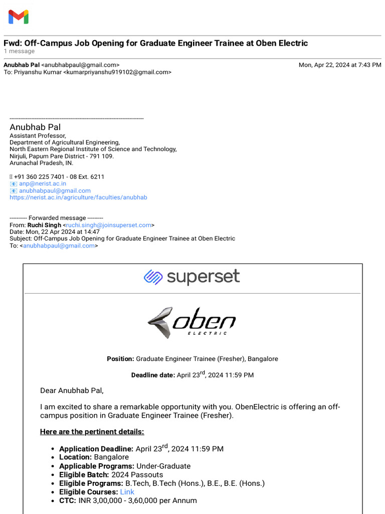 Graduate Engineer Trainee at Oben Electric | PDF