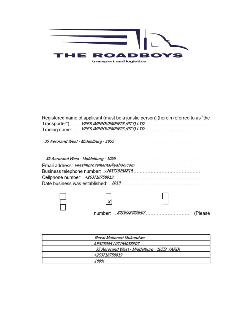 The Roadboys Transport and Logistics New Transporter Registration Form ...
