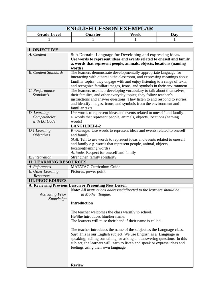 English Matatag Lesson Plan | PDF | Learning | English Language