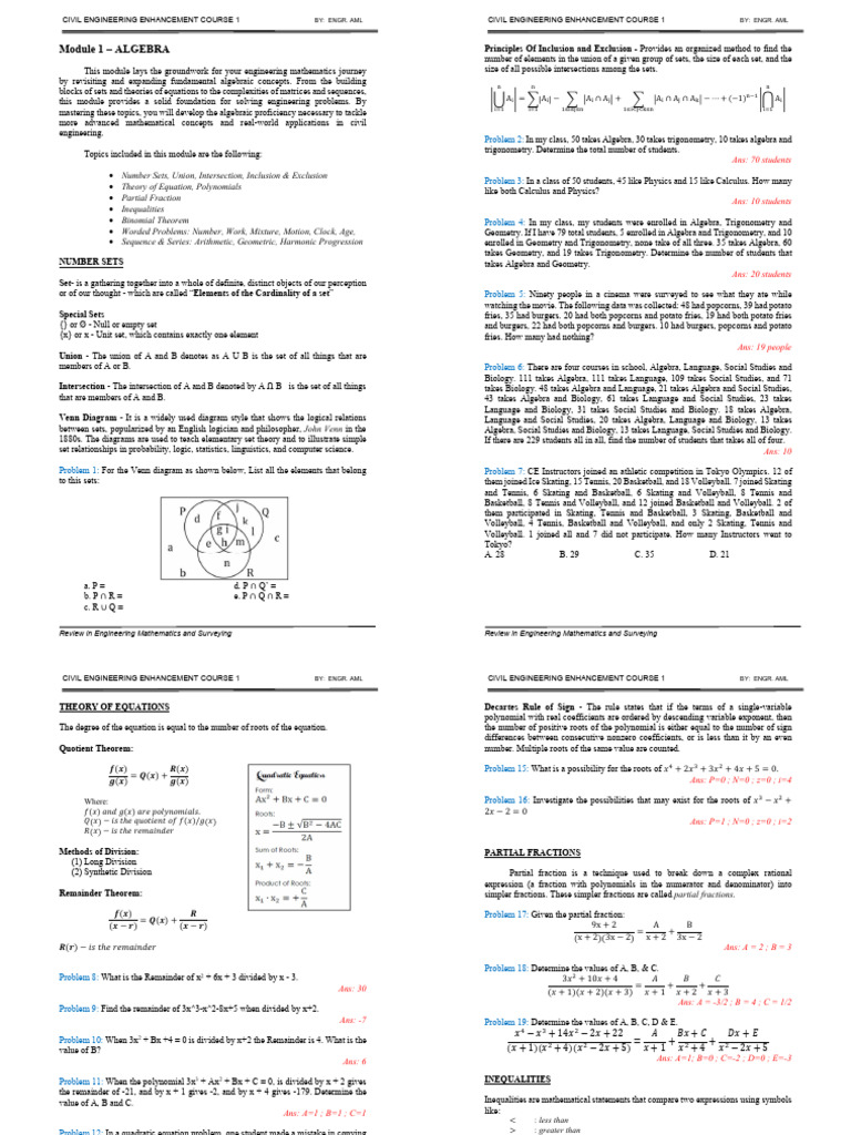 Civil Engineering Math Review Course | PDF | Set (Mathematics) | Algebra