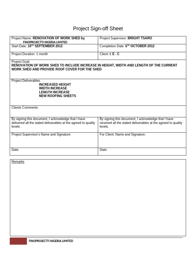 Work Shed Renovation Sign-off Sheet | PDF