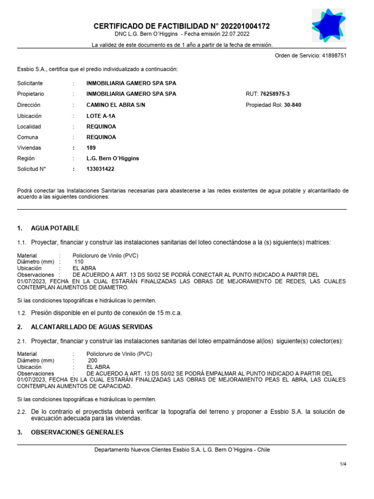 Certificado de Factibilidad Essbio 2022 | PDF | Alcantarillado