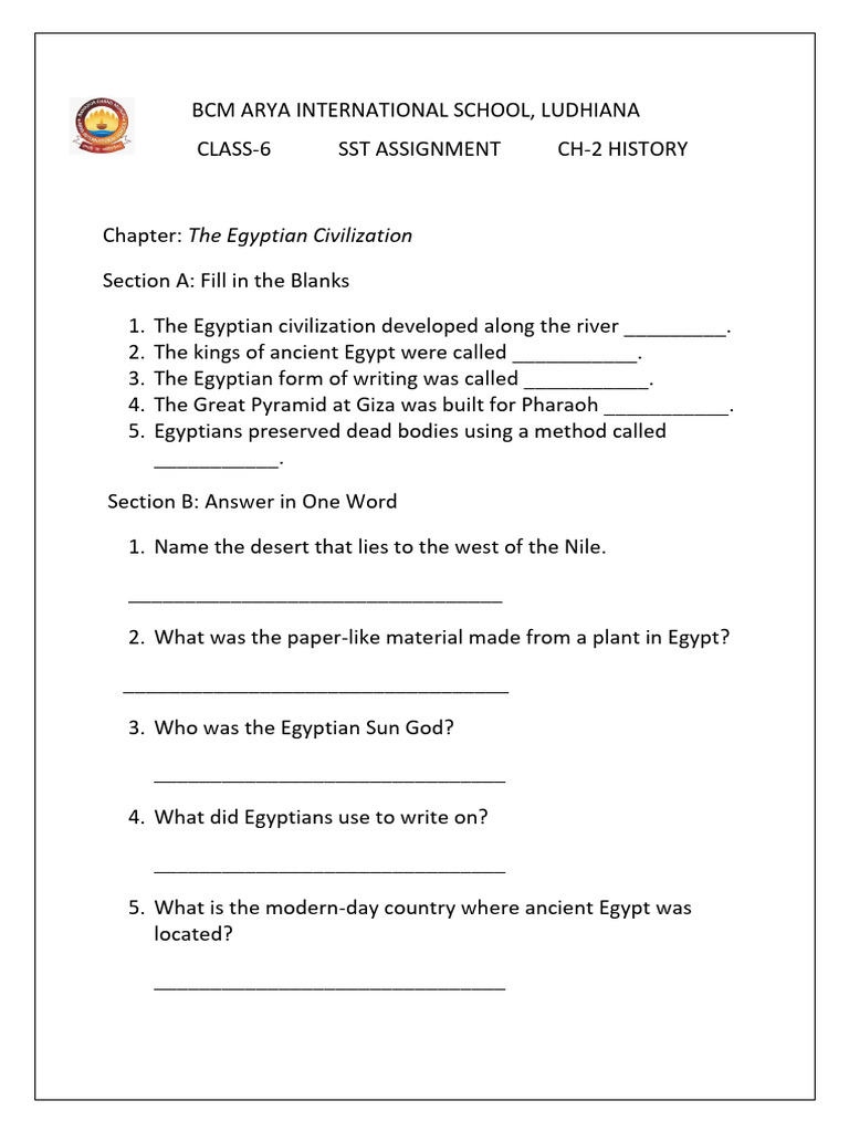 Class 6 SST Assignment: Egyptian Civilization | PDF