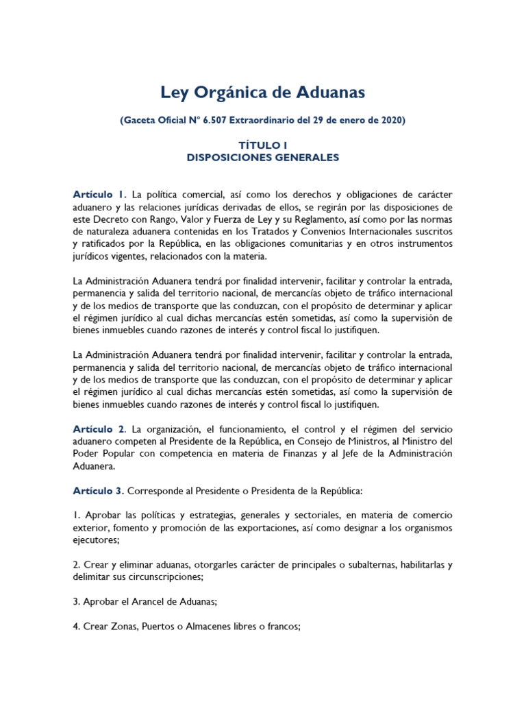 LEY ORGANICA DE ADUANAS EN VENEZUELA | PDF | aduana | Regulación