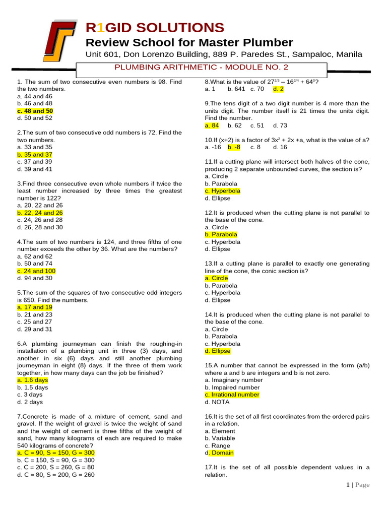Plumbing Arithmetic Exam Review Guide | PDF | Trigonometry | Line ...