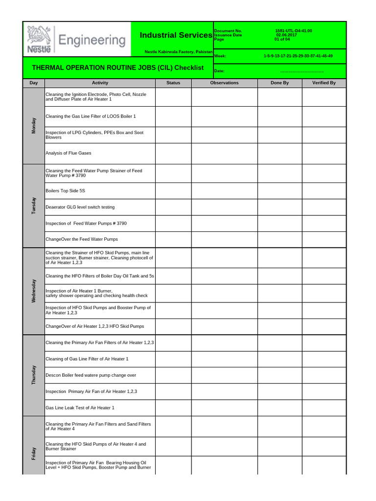 CIL Thermal Operation Checklist | PDF | Boiler | Pump