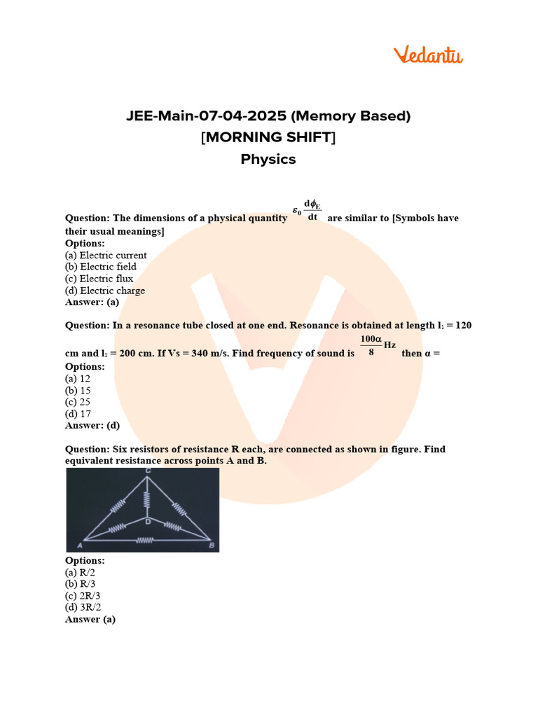 JEE Main 2025 April 7 Shift 1 Paper | PDF | Chemistry | Physical Sciences