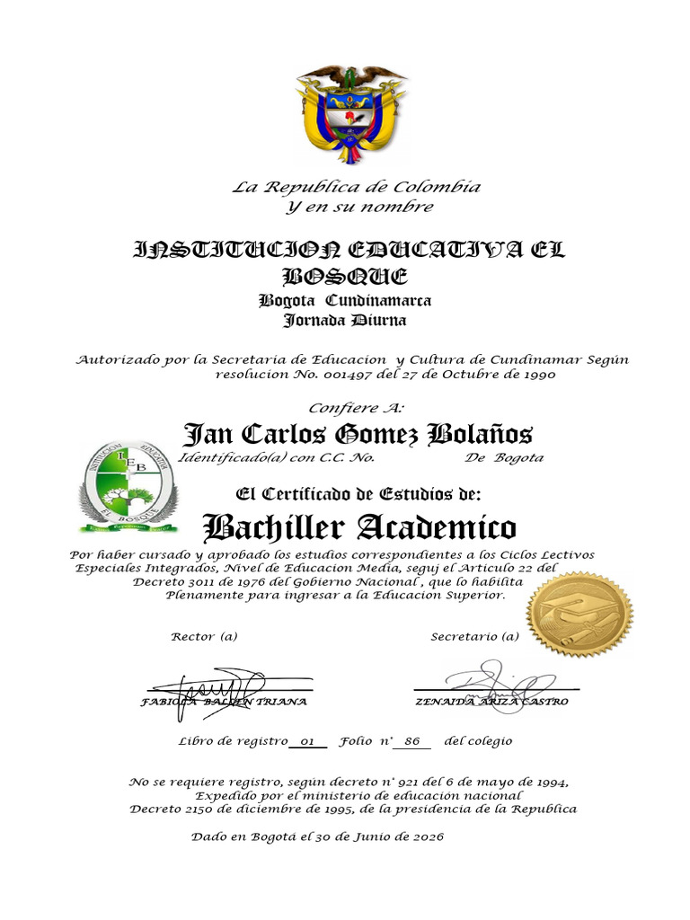 Diploma Bachiller | PDF