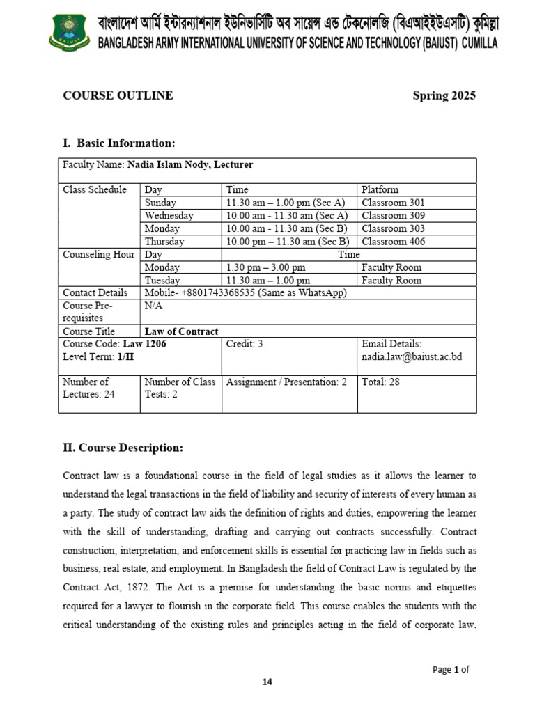Course Outline Law 1206 Spring 25 | PDF | Breach Of Contract | Legal Remedy