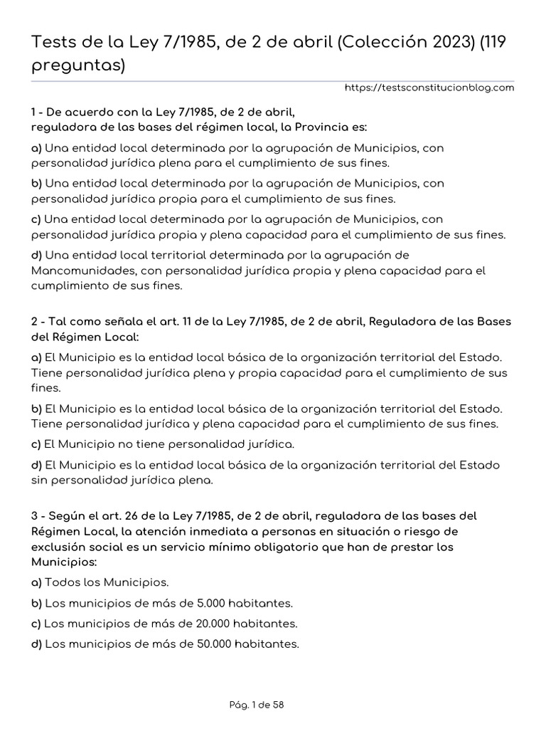 Tests Ley 7/1985: Régimen Local 2023 | PDF | Gobierno local | Alcalde