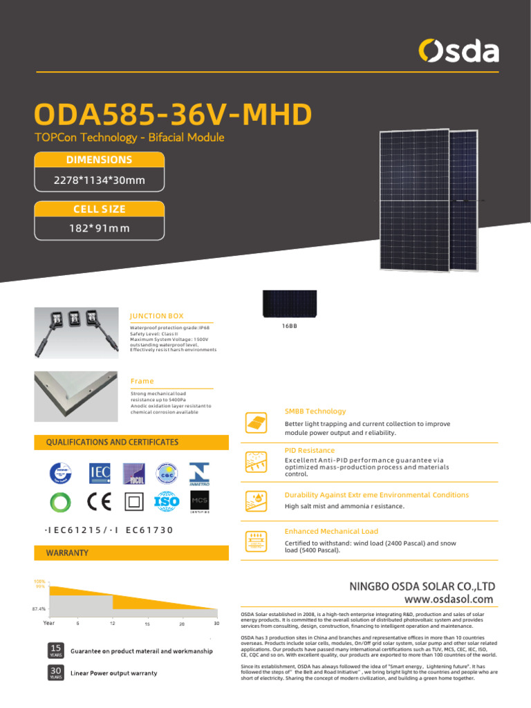 ODA585-36V-MHD Bifacial Module Datasheet | PDF | Electricity