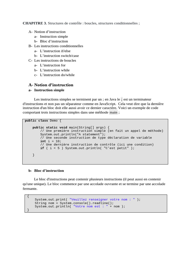 Contrôle de flux en Java : Boucles et conditions | PDF | Structure de ...