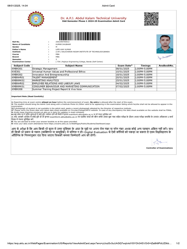 Dr. A.P.J. Abdul Kalam Technical University: Subject Code Subject Name ...