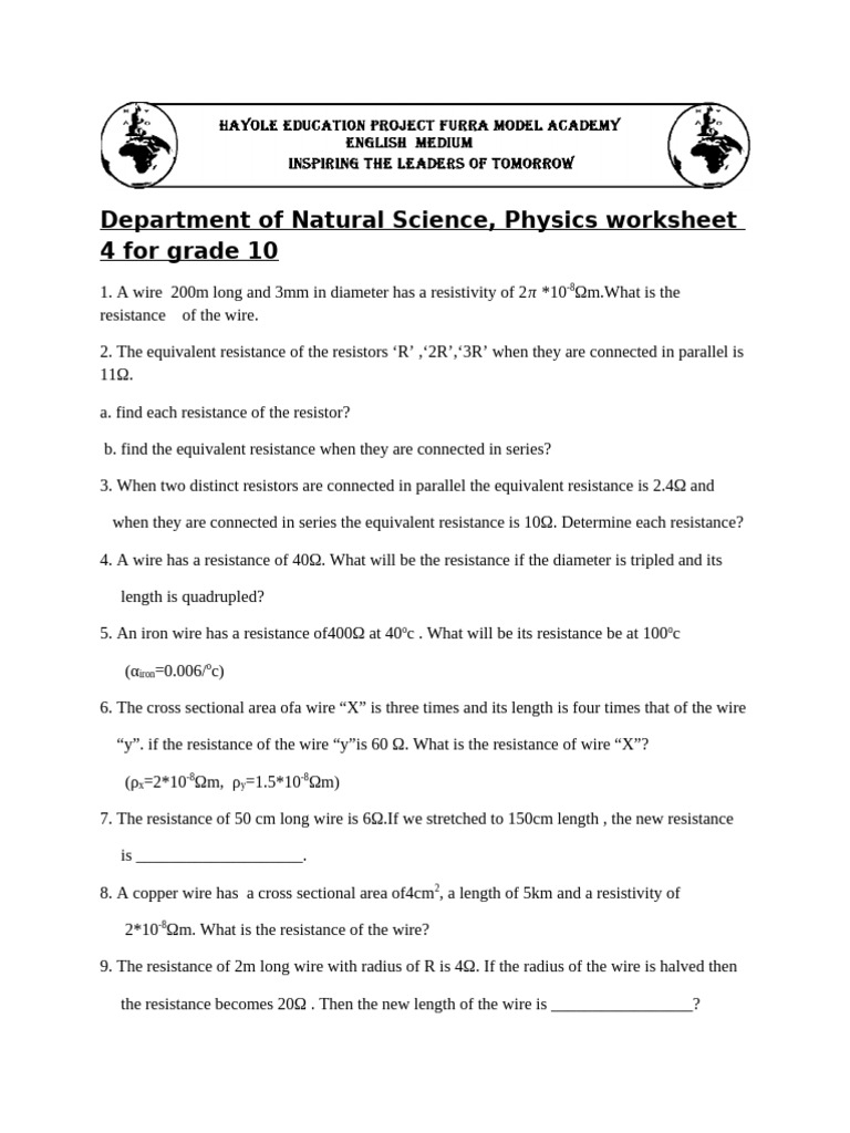 Grade 10 Current Electricity Worksheet | PDF