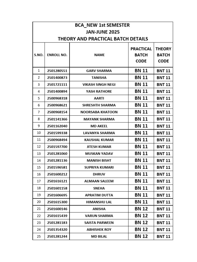 BCA 1st Semester Batch Details 2025 | PDF