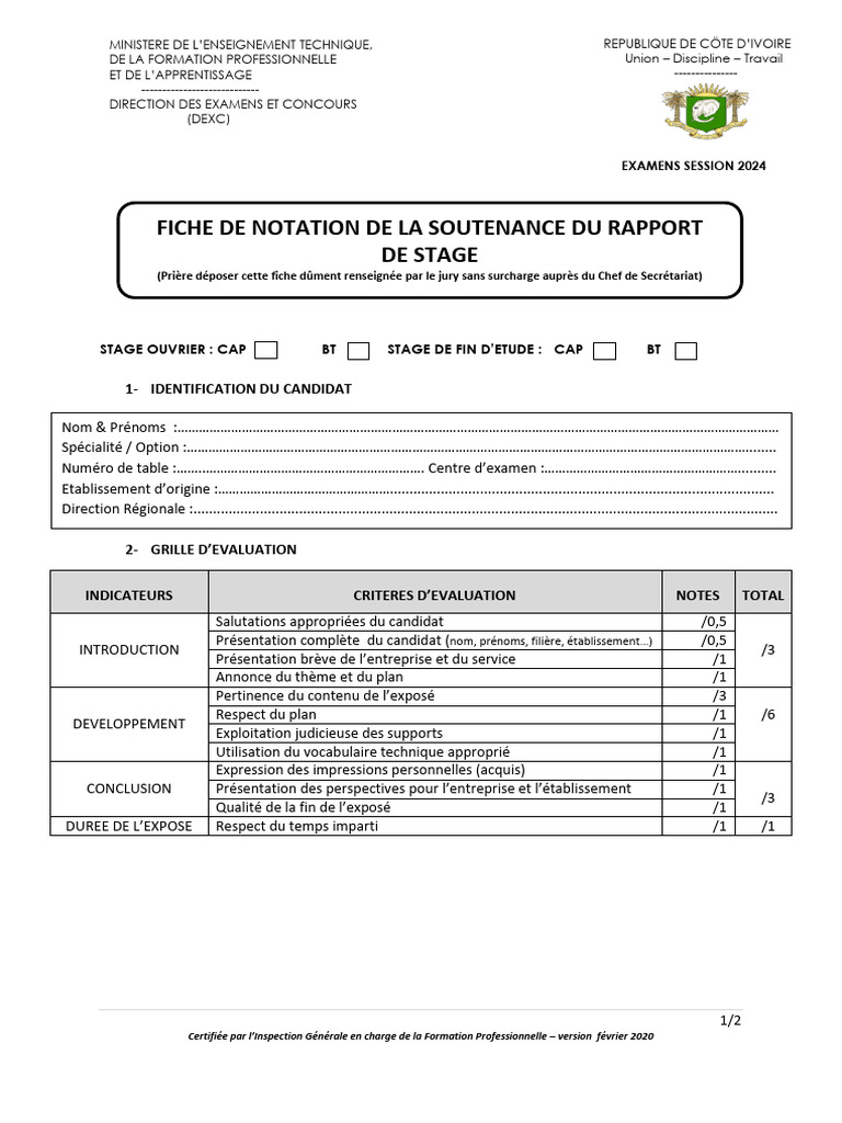 Fiche de Notation Soutenance BT 2024 | PDF