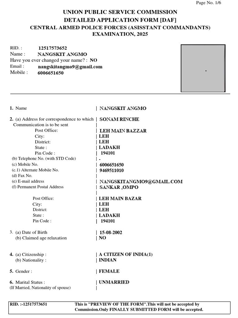 UPSC CAPF Assistant Commandants DAF 2025 | PDF