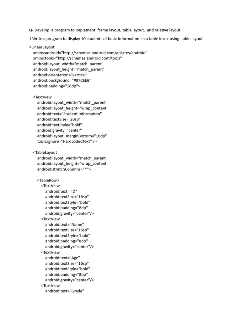 Student Info Table Layout in Android | PDF | Android (Operating System ...
