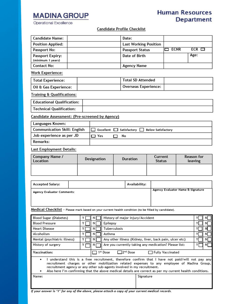 Candidate Profile and Medical Checklist | PDF | Recruitment | Clinical ...