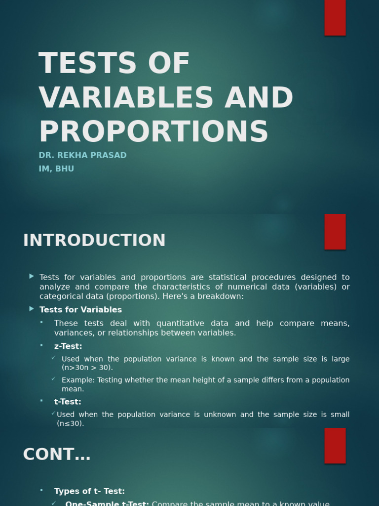 Statistical Tests for Variables & Proportions | PDF | P Value ...
