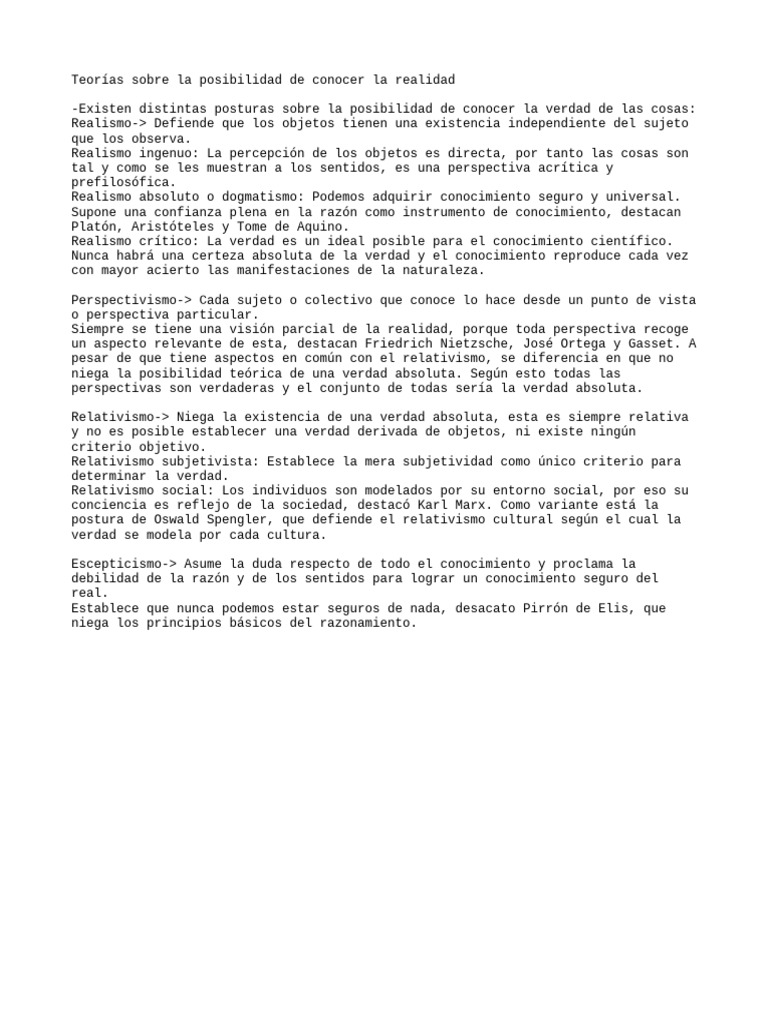 Teorías sobre el conocimiento de la realidad | PDF