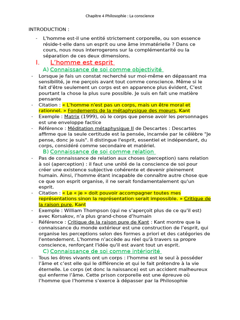 Fiche de révision : La conscience en philo | PDF | Conscience | Esprit