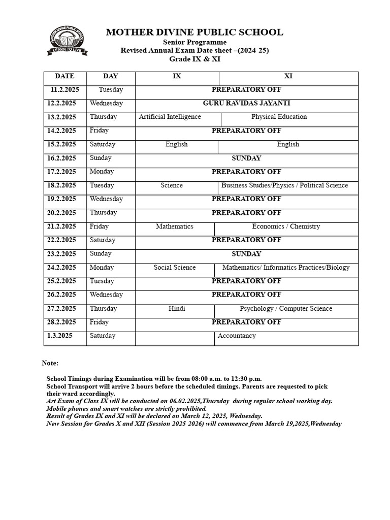 REVISED DATESHEET - IX &XI Annual Exam 2024-25 | PDF
