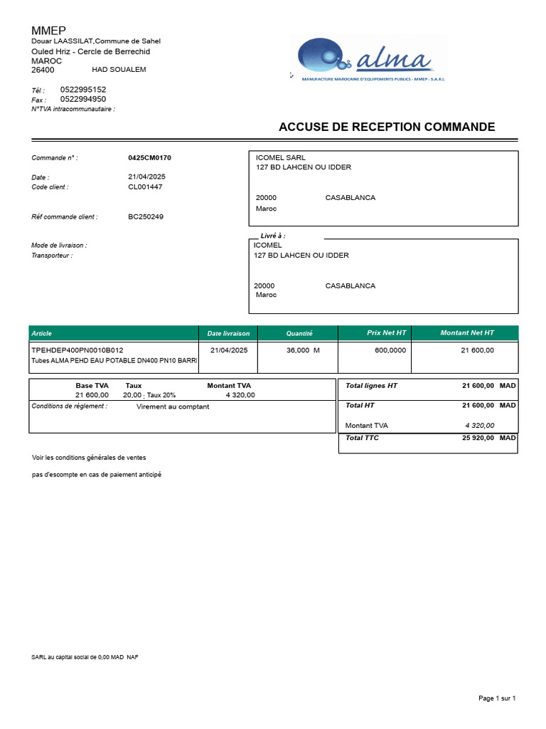Accusé de Réception de Commande ICOMEL | PDF