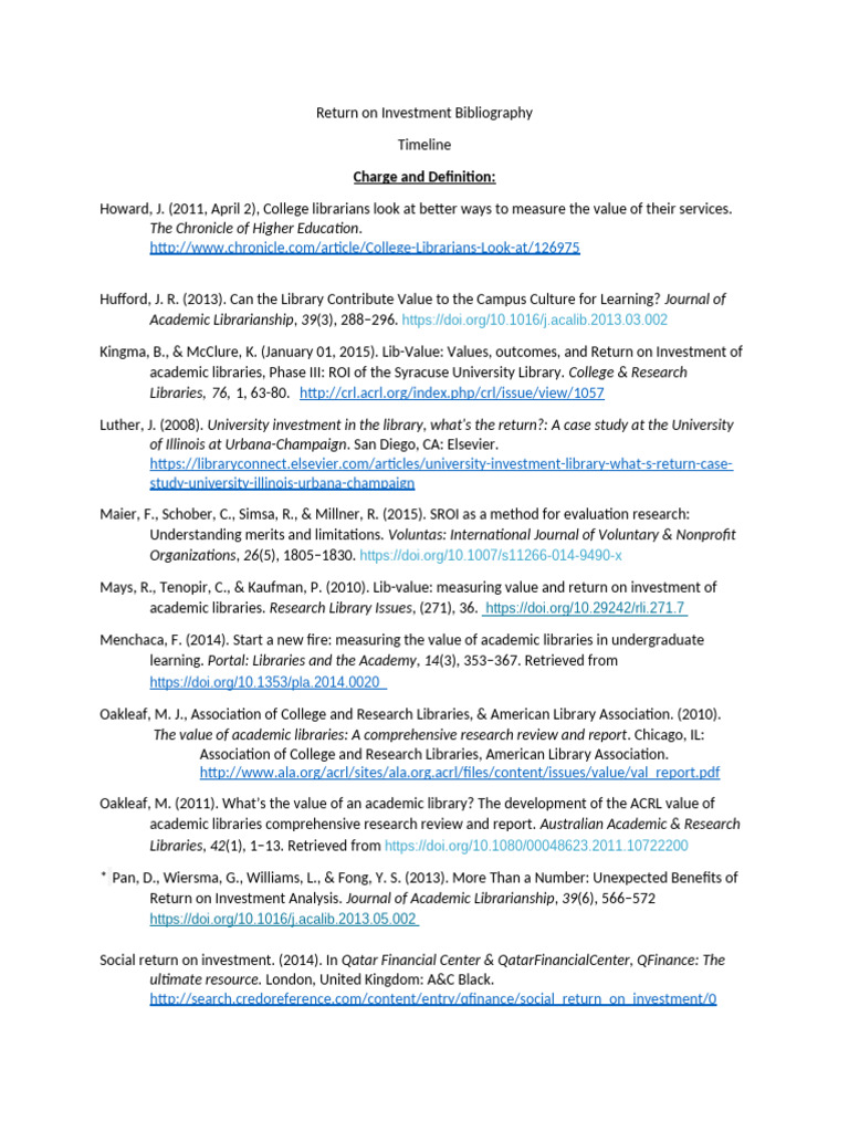 ROI Bibliography for Academic Libraries | PDF | Return On Investment