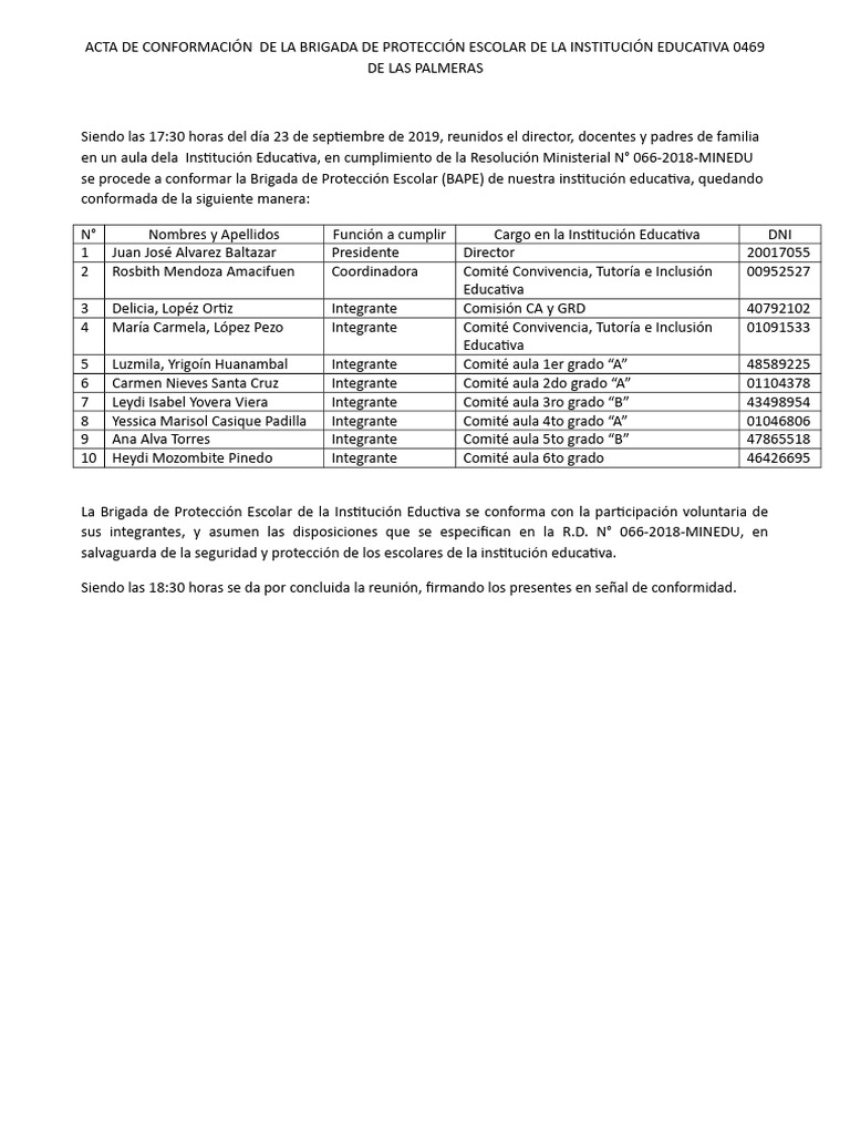 Acta de Conformacion de La Brigada de Proteccion Escolar de La ...
