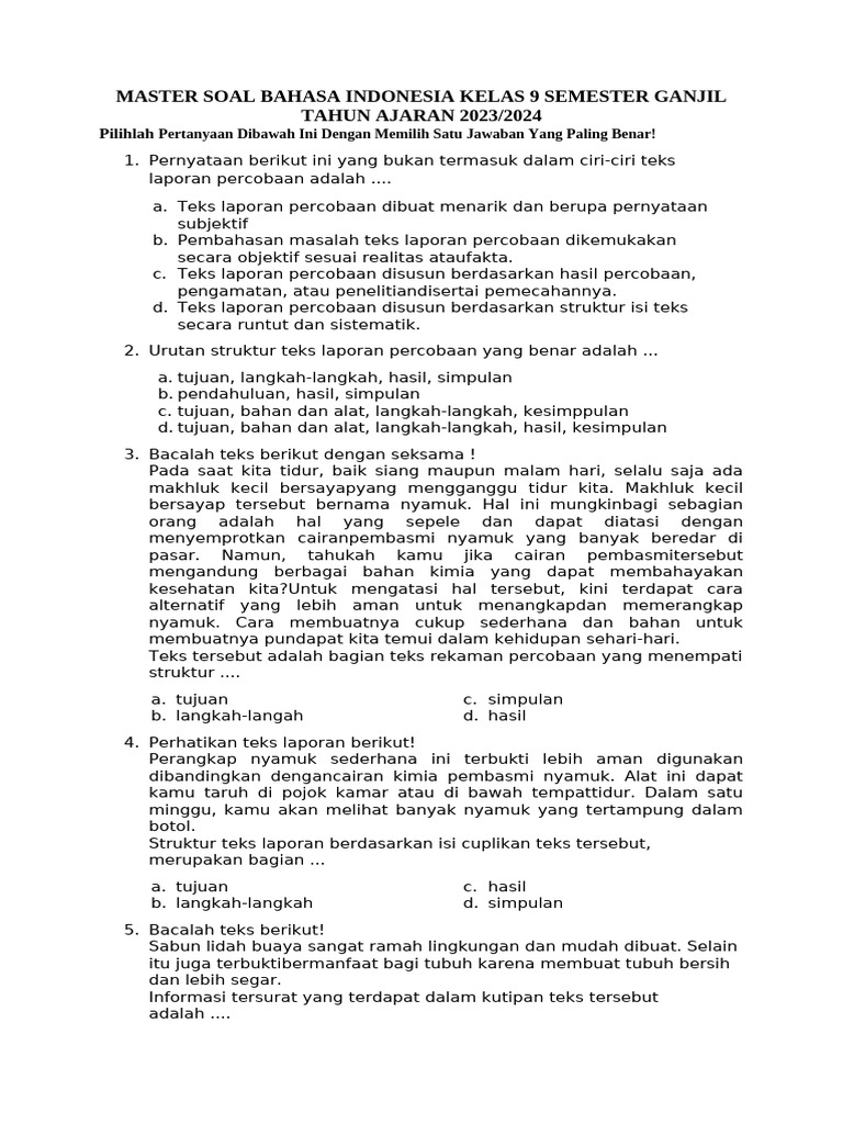 Soal Bahasa Indonesia Kelas 9 Semester Ganjil | PDF