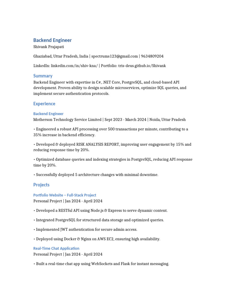 Backend Engineer Profile Summary | PDF