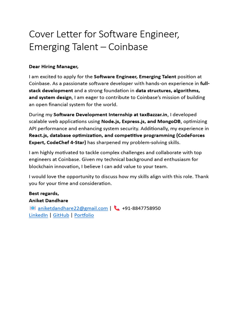 Coinbase Emerging Talent Application | PDF