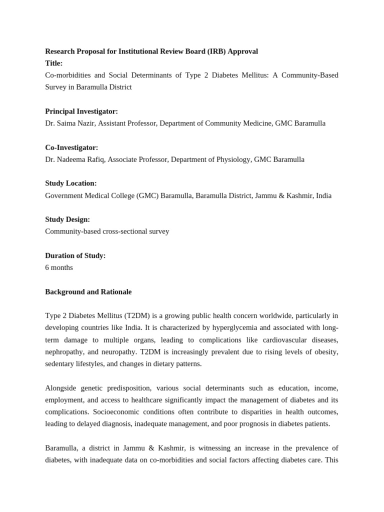 Research Proposal For Institutional Review Board Saima | PDF | Diabetes ...